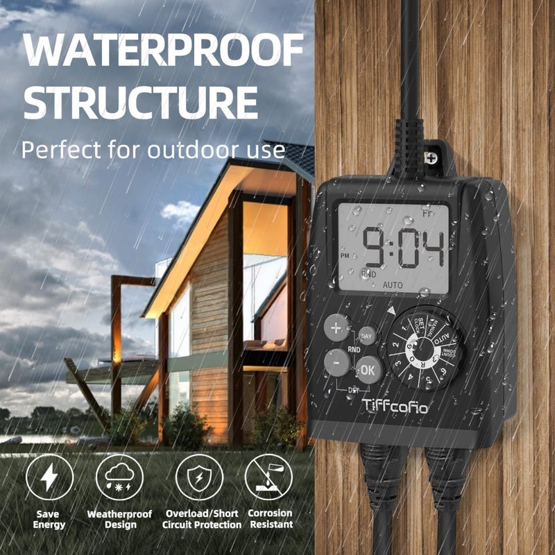 Tiffcofio New Digital Outdoor Timer Outlet, Dial Programmable Method, Outdoor Light Timer Waterproof, 2 Grounded Electrical Outlets for Christmas Lights, 6 Sets of Programs, 15A/1875W (2 Packs) - Image 5